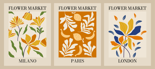 Modern flower market. Set of posters. Abstract groovy. Funky, wall art. Botanical. Hippie. Retro floral. Cut out. Hand drawn. Contemporary templates.1960s plant. Naive trendy organic elements. Doodle.