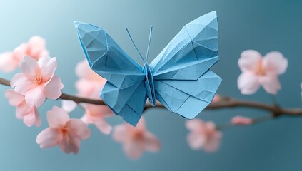 Delicate blue origami butterfly perched on sakura branch, gentle breeze