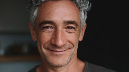 Obraz premium Close-up portrait of a middle-aged man with gray hair. he is smiling and looking directly at the camera. he has a slight smile on his face and his eyes are slightly squinted.