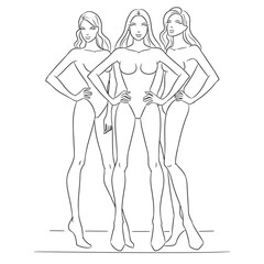 Fashion croquis template featuring three female models posing in a stylish group composition. Perfect for fashion designers and illustrators to create clothing designs, fashion collections.