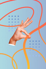 Exclusive image vertical photo collage of human hand hold needle knot problem solving game resolve...