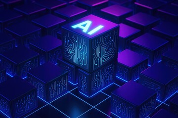 Cube Grid with Glowing AI Text, Circuit Board Patterns in Blue and Purple Lighting