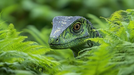 Obraz premium Herrerasaurus lurking among dense ferns, stealthy stance