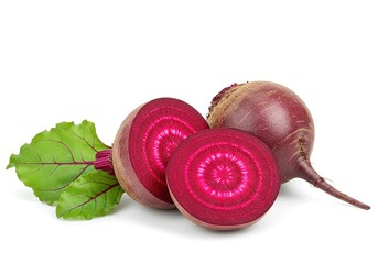 Fresh Whole and Sliced Beetroot with Leaves on White Background. Studio Shot