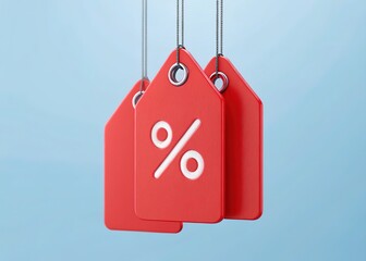 Red Tags with Percentage Sign Hanging by Chains on Light Blue Background, 3D Render