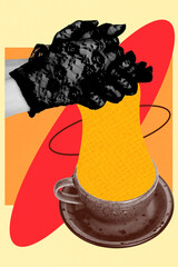 Composite image montage trend artwork collage of relax tea flavor hot drink ceramic mug body...