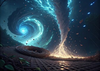 Dramatic Sky with Swirling Tornado Clouds, Lightning, and Debris on Woven Surface
