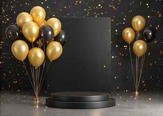 Elegant Black Podium with Gold Confetti and Balloons on Dark Texture Background