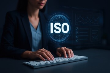 Woman Typing on Keyboard with ISO Interface and Data Chart Overlay