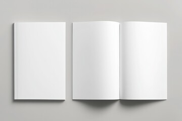 Minimalist Composition Blank White Brochure, Open & Closed, on Clean Gray Surface, Simple
