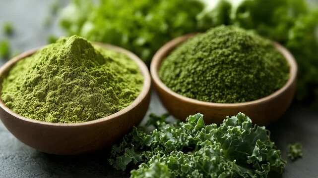 Wooden bowls brimming with kale powder promoting healthy lifestyle