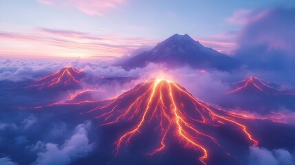 Erupting volcano at sunset, fiery lava flows down slopes, surrounded by clouds and mountains