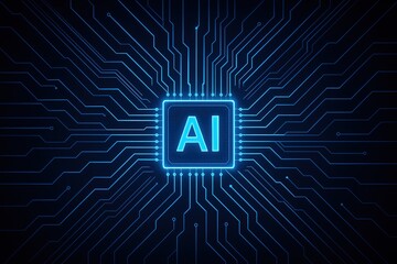 Circuit Board with AI Core, Abstract Futuristic Design, Glowing Blue Lines, Tech Backdrop