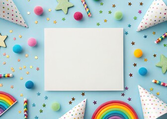 Colorful Birthday Party Hats, Rainbow, Confetti and White Blank Card on Blue Backdrop