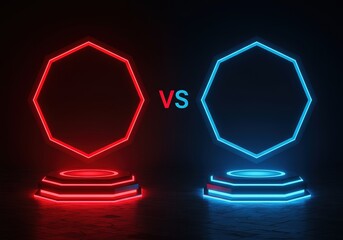 Neon Hexagon Glowing Red and Blue on Platform, Futuristic Competition Design