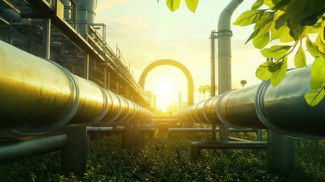 Green leaves framing industrial pipelines at sunset promoting ecological awareness