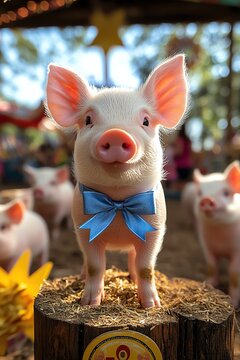 Pig standing proudly with blue ribbon at fair, sunny day
