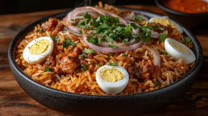 Fototapeta premium Aromatic rice dish with meat, eggs, and onions