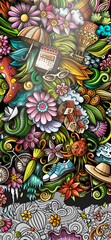 Spring hand drawn doodle banner. Cartoon detailed flyer.