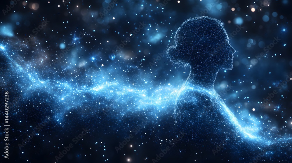Poster futuristic digital art showcasing a woman's silhouette formed by blue lines and dots. glowing partic