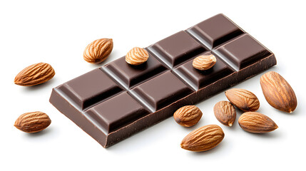 Dark chocolate bar with almonds, isolated on a white background	