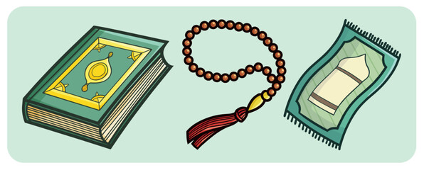 Funny islamic worship items cartoon illustration set