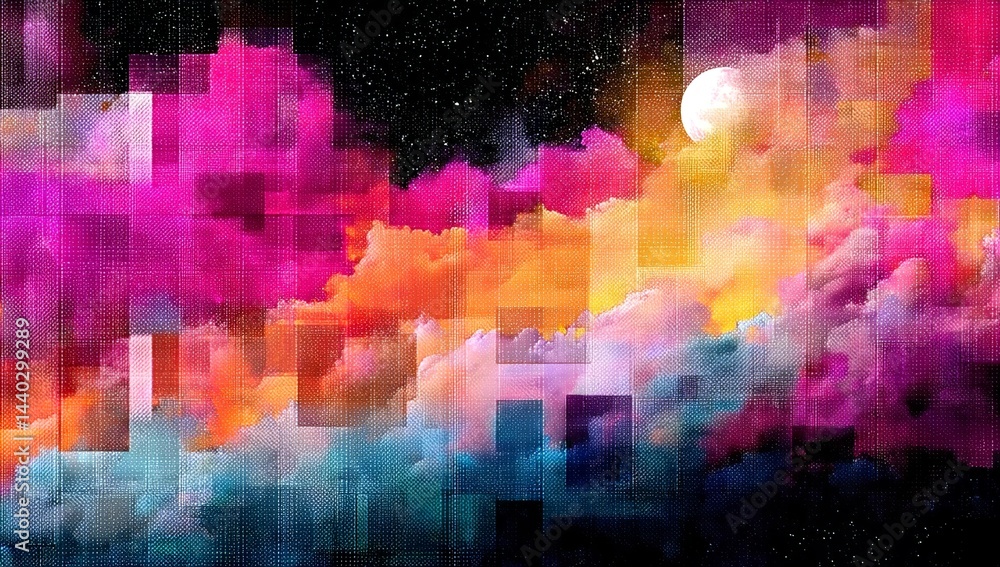 Poster digital art of colorful clouds and galaxies in the sky, with an abstract background featuring