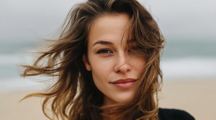 Close-up portrait of a young woman on a beach. she is looking directly at the camera with a slight smile on her face. her hair is styled in loose waves that are blowing in the wind.