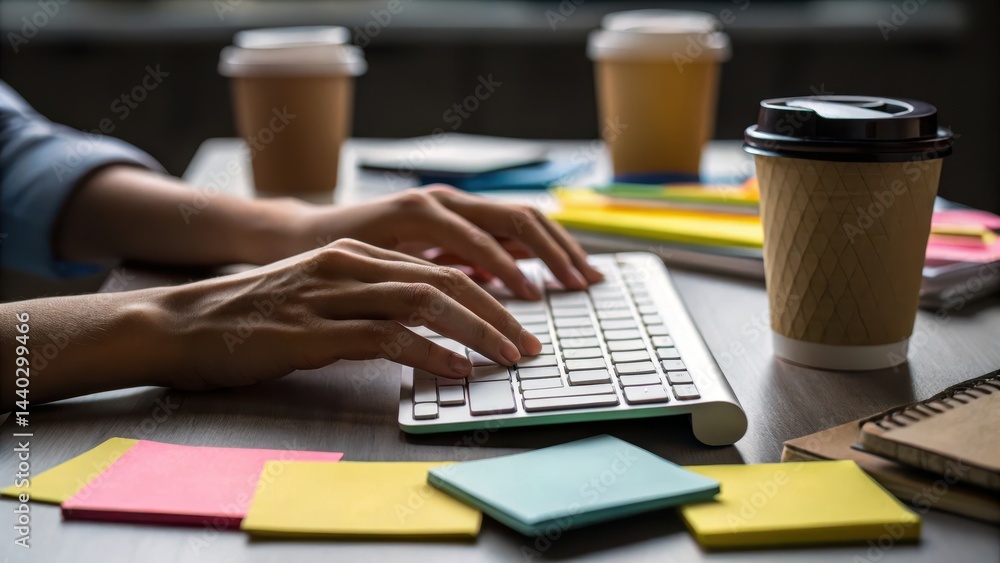 Poster management teamwork operations concept. a person typing on a keyboard with coffee cups and colorful 