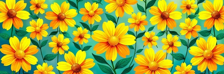 Whimsical yellow flower pattern with a hippie vibe for funky wallpaper, seamless, floral