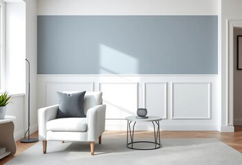 White armchair, gray pillow, modern minimalist living room interior, sitting, modern