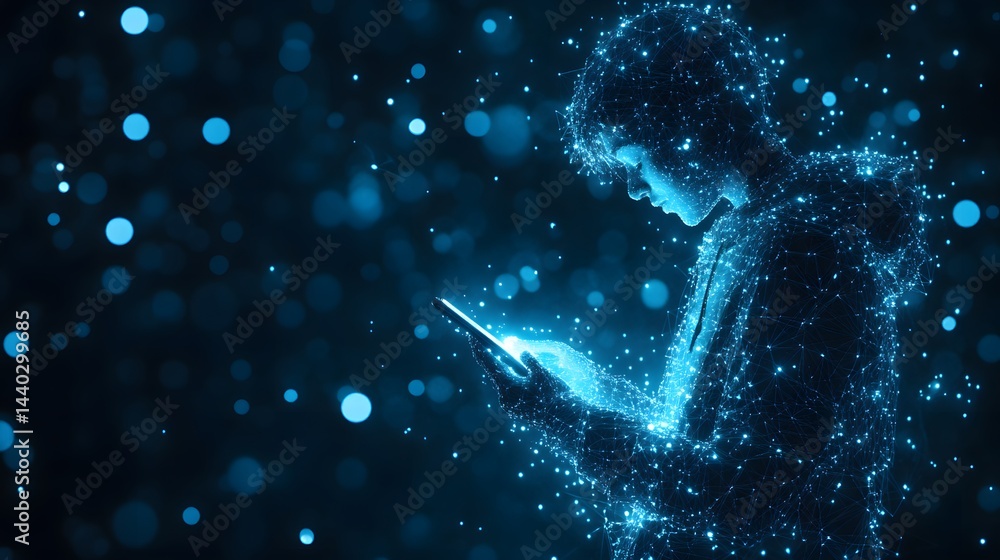 Aufkleber Stylized blue digital figure using a phone against a dark backdrop with bokeh lights. Focus on technology and connection in the modern age. Great for tech ads! Abstract wireframe in dark blue