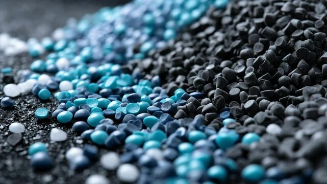 Colorful plastic pellets arranged on a black surface for manufacturing processes and product creation
