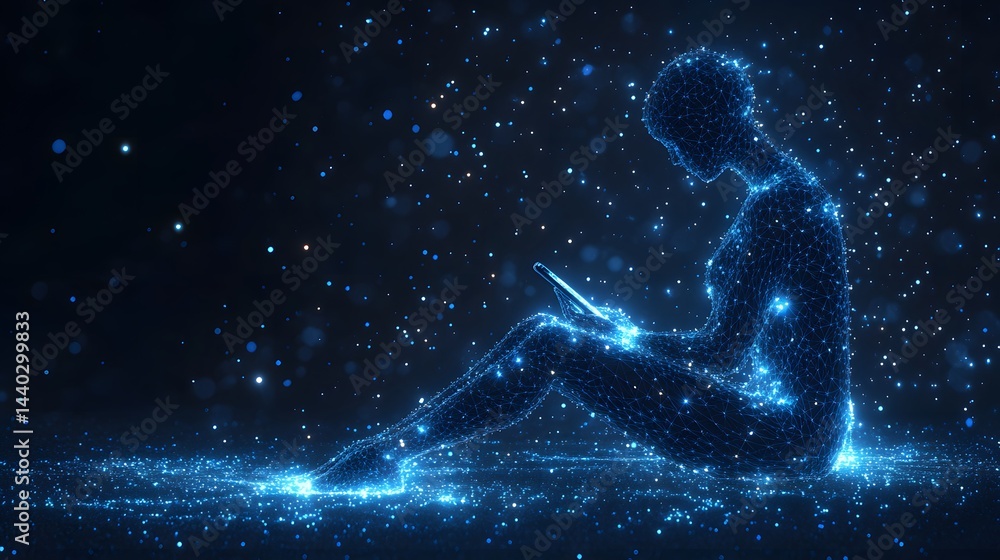 Leinwandbilder a digitally rendered person sits with a glowing phone amidst a stellar dust of blue particles. conce