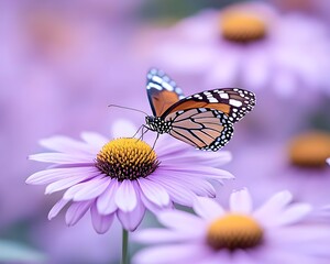 Obraz premium A vibrant butterfly delicately perched on a pale purple daisy amidst a soft-focus field of similar blooms