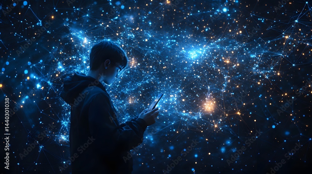 Aufkleber a person interacts with a smartphone amidst a glowing digital network, symbolizing connectivity and 