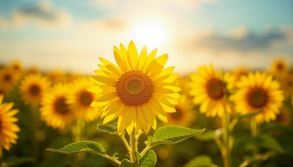 Sunflower field with bright sun in the background during golden hour