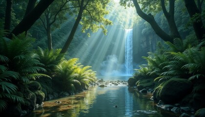 Serene waterfall in a lush green forest with sunlight rays illuminating the water
