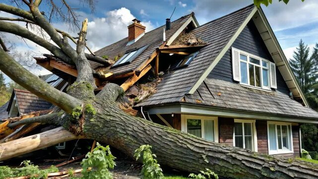 Large tree falls on residential home causing significant damage to the roof and structure