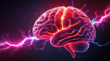 Glowing Red Brain with Neural Impulses and Energy Connections