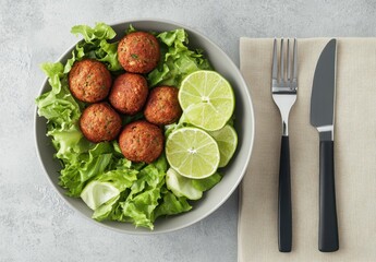 Fresh and Healthy Plant-Based Dish with Green Leafy Lettuce, Crispy Falafel Balls, and Vibrant Lime Slices on a Modern Gray Table Setting