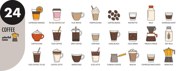 Coffee thin line icons set with colorful fill. Espresso, cappuccino, mocha, moka, latte, iced coffee, cortado, filter coffee, americano, Turkish coffee, French press, coffee cup, vector illustration