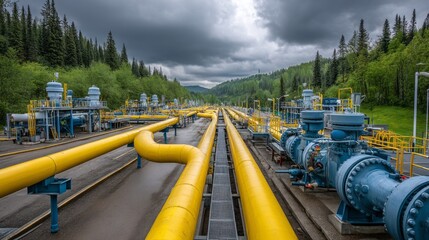 A long yellow pipeline is surrounded by trees and mountains