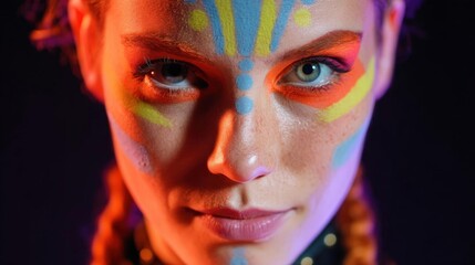 Close-up portrait of a young woman's face and upper body. she has a unique and creative makeup look with a combination of bright colors and patterns.