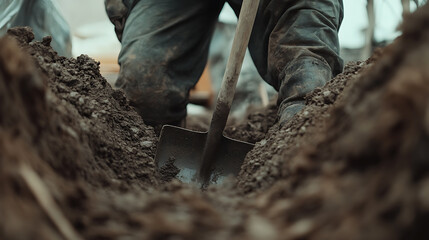 Worker Digging a Trench with a Shovel