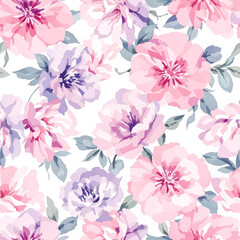 Watercolor floral pattern, Watercolor seamless pattern with pink flower

