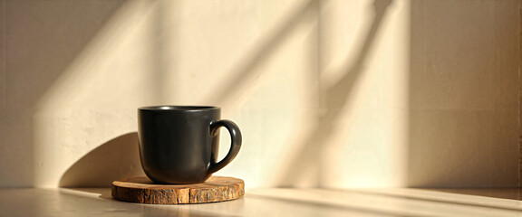Stylish Dark Grey Ceramic Mug on Wooden Coaster Sunlight Minimalist Home Decor