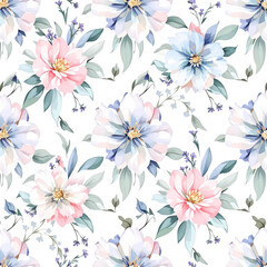 Seamless pattern of delicate pink peony flower watercolor and leaves