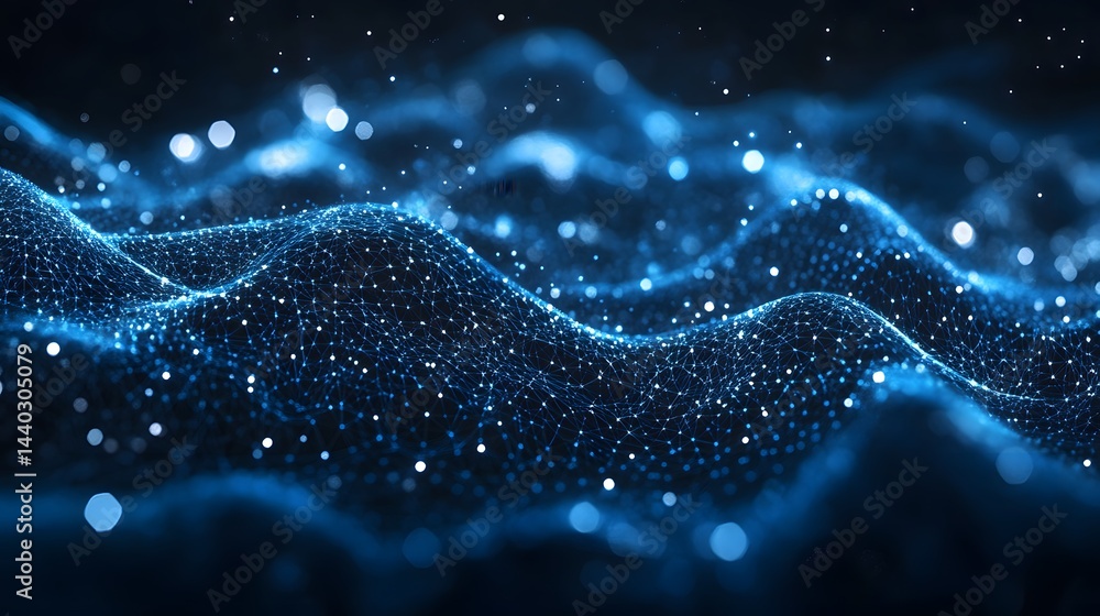 Fototapete Futuristic digital landscape featuring a complex interconnected grid and bokeh orbs, creating a dynamic virtual environment. Evokes technology and innovation. Abstract wireframe in dark blue.