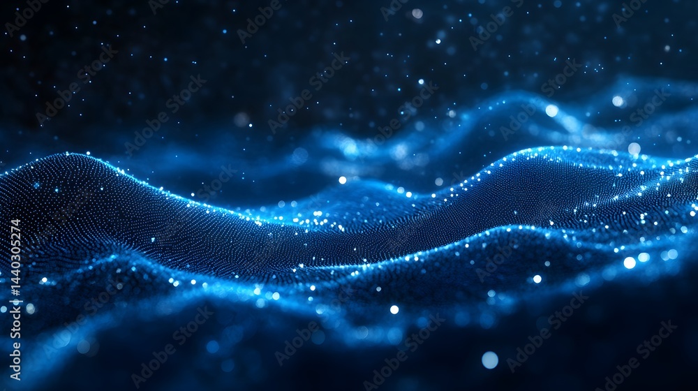 Aufkleber A dynamic field of blue light particles creates a high-tech, digital landscape with depth and dimension. Wavy surfaces and scattered dots form a topological terrain. Abstract wireframe in dark blue